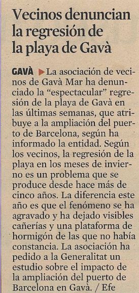 Notcia publicada al diari 'La Vanguardia' sobre la regressi de part de la platja de Gav Mar (8 Desembre 2011)